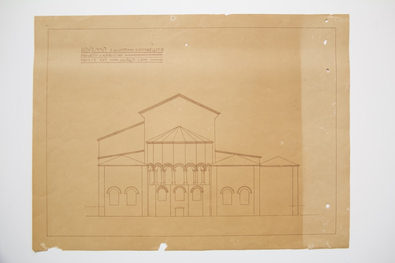 stampa fotomeccanica, Eliografia del progetto di ripristino del fronte est e stato attuale della basilica di San Giovanni Evangelista di Ravenna di Anonimo italiano (XX)