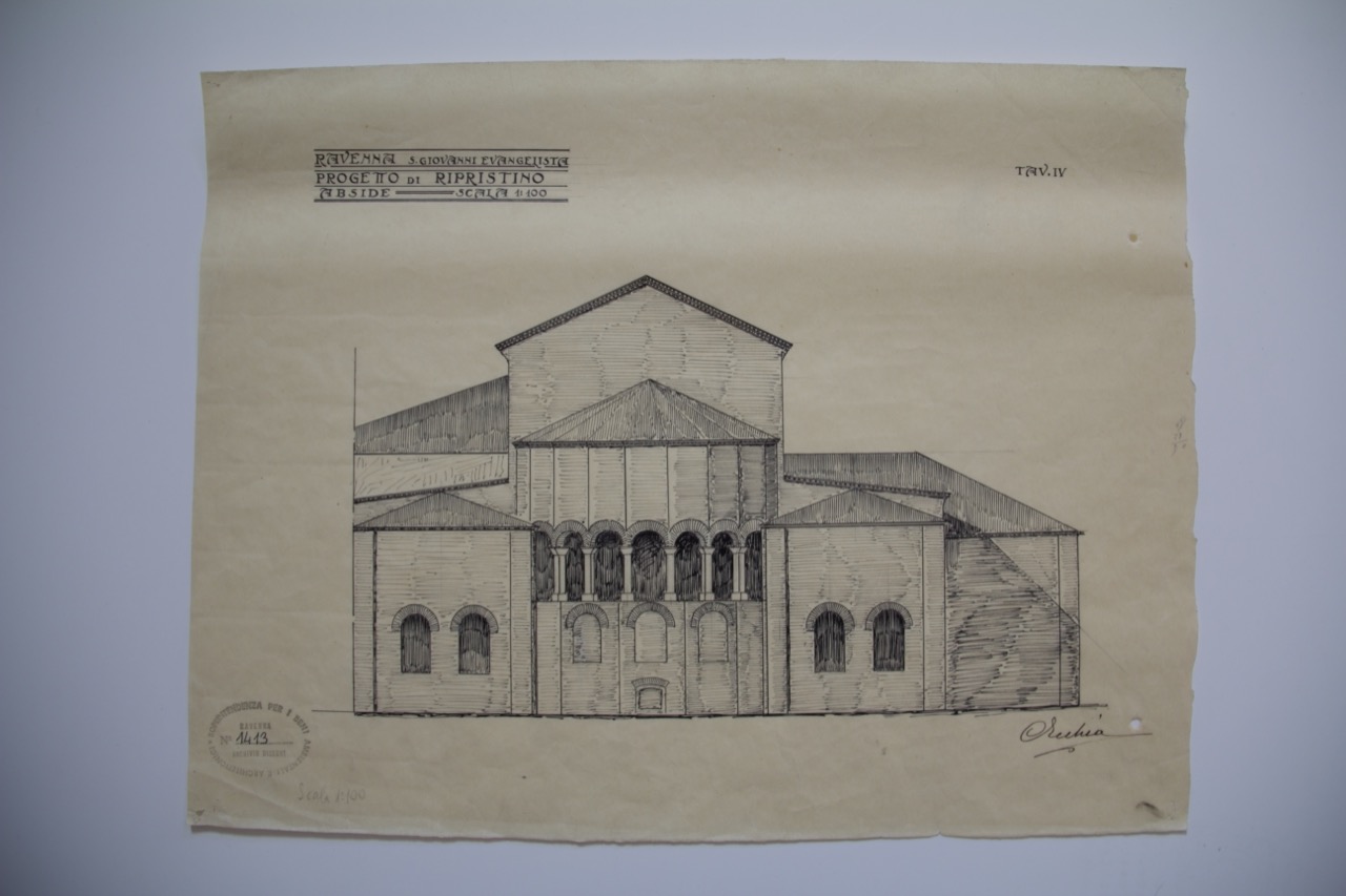 disegno architettonico, Prospetto di ripristino dell'abside della basilica di San Giovanni Evangelista di Ravenna di Ecchia, Costantino (XX)