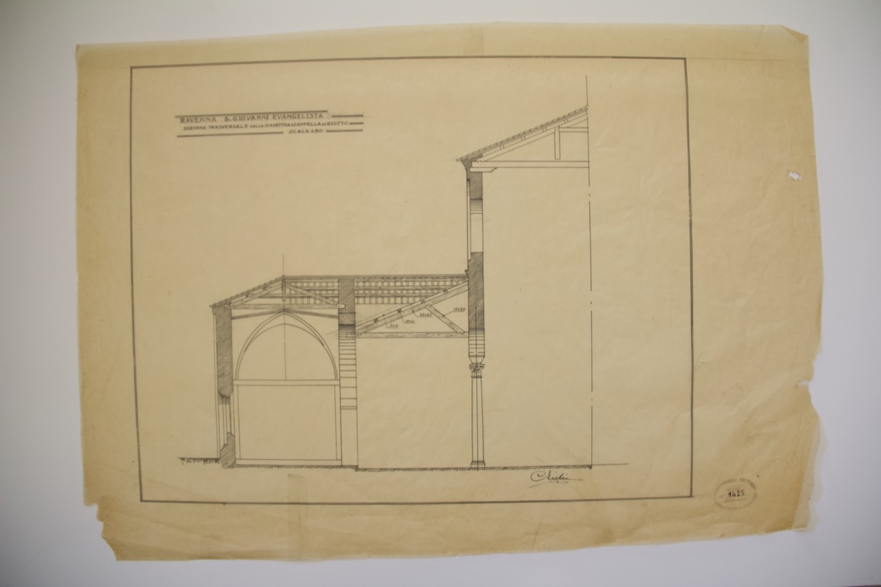 disegno architettonico, Sezione trasversale della navata e cappella di Giotto della basilica di San Giovanni Evangelista di Ravenna di Ecchia, Costantino (XX)