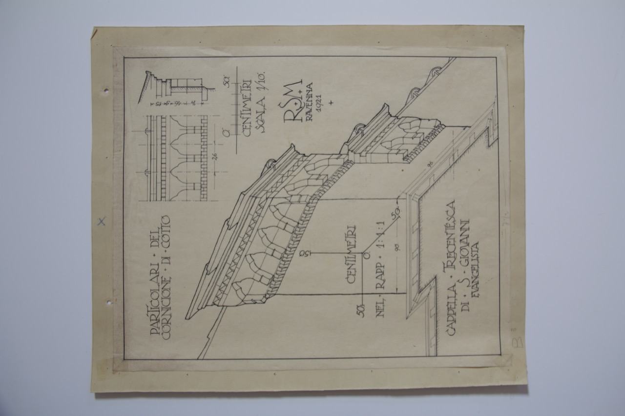 disegno architettonico, Cappella trecentesca e particolari del cornicione di cotto della basilica di San Giovanni Evangelista di Ravenna di Anonimo italiano (XX)