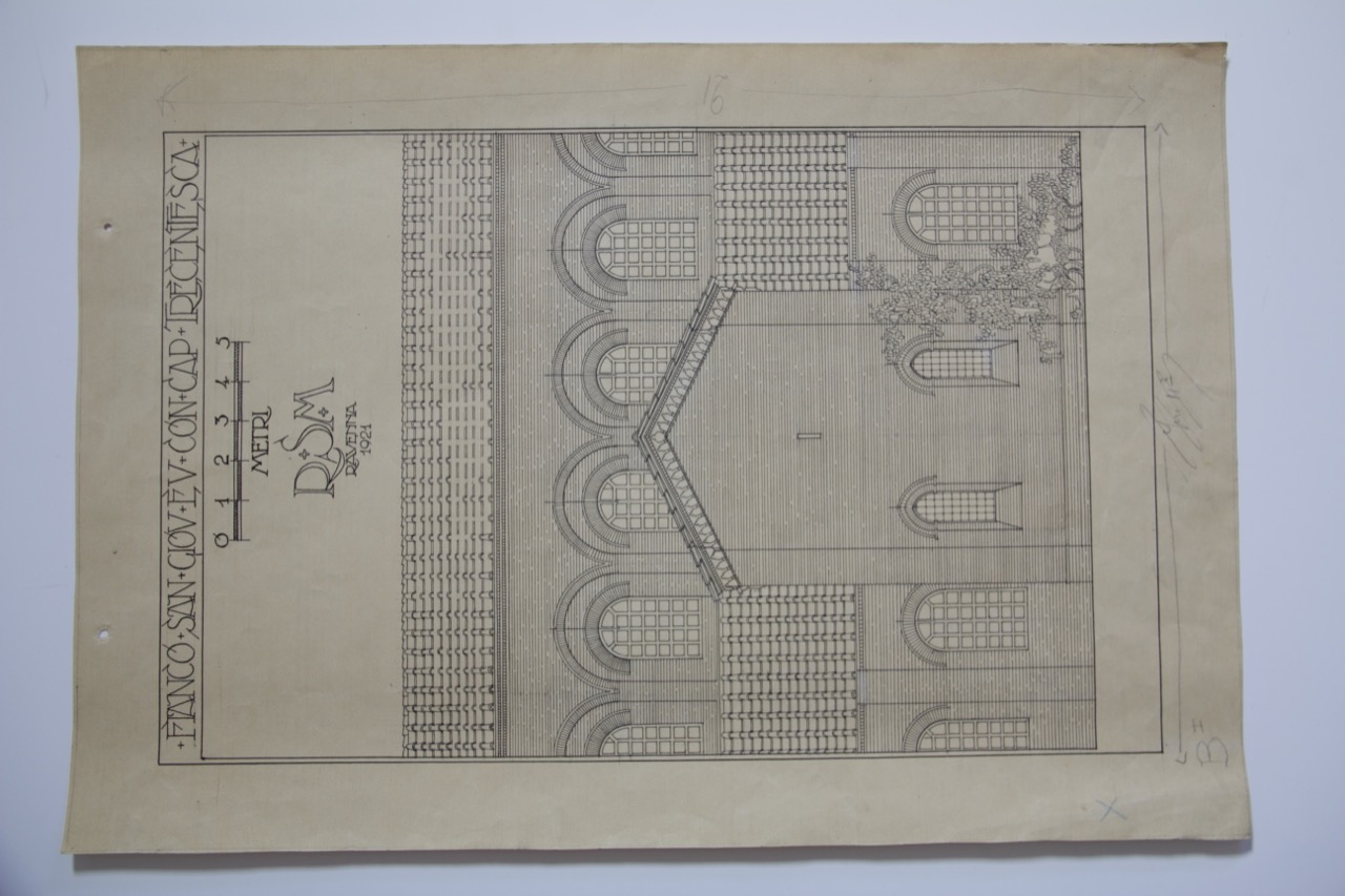 disegno architettonico, Fianco con cappella trecentesca della basilica di San Giovanni Evangelista di Ravenna di Anonimo italiano (XX)