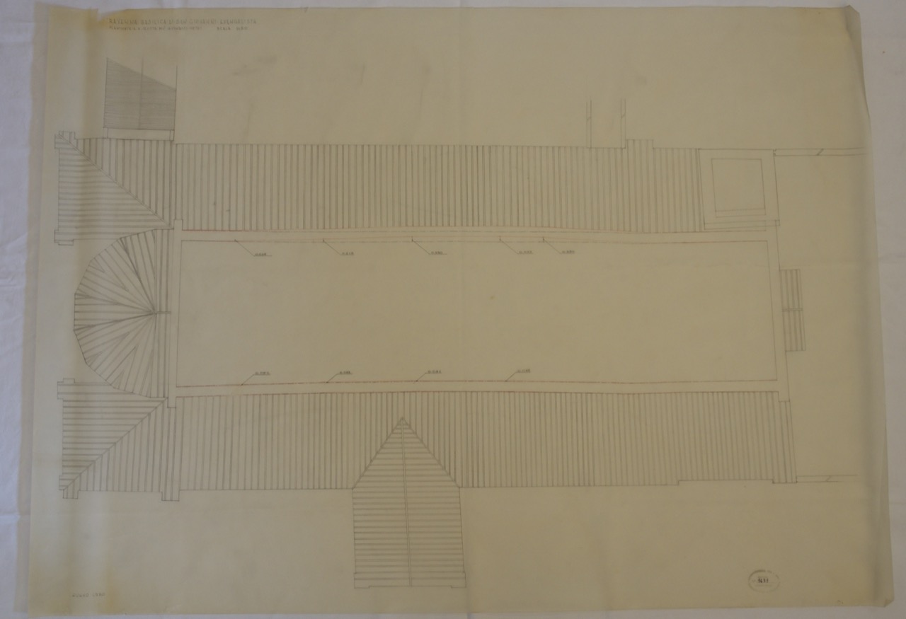 disegno architettonico, Planimetria a quota più quindici metri della basilica di San Giovanni Evangelista di Ravenna di Conti, Fulvio (XX)