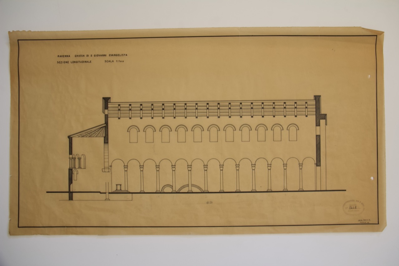 disegno architettonico, Sezione longitudinale della basilica di San Giovanni Evangelista di Ravenna di Savini, U (XX)