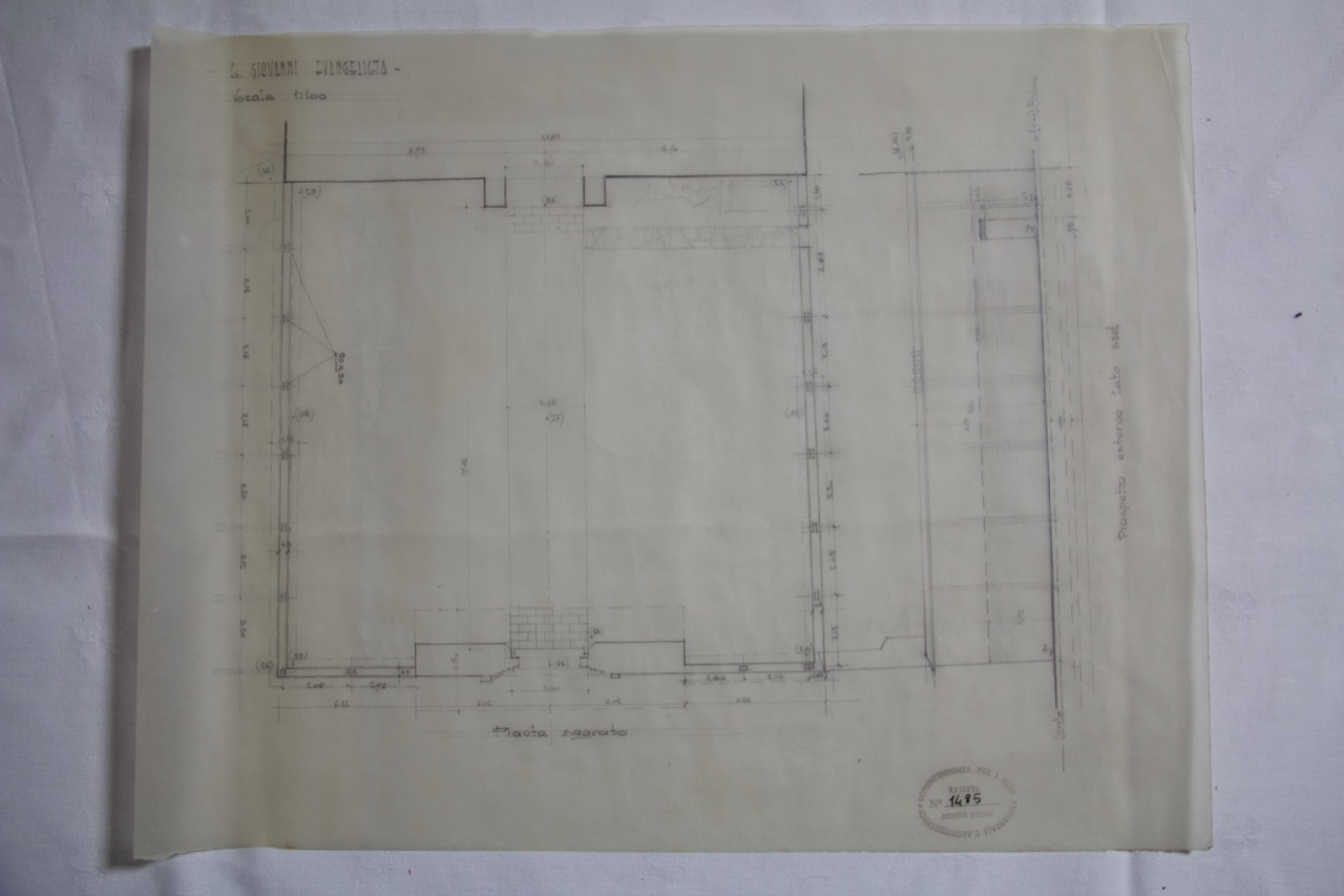 disegno architettonico, Pianta e prospetto esterno del lato sud della basilica di San Giovanni Evangelista di Ravenna di Anonimo italiano (XX)