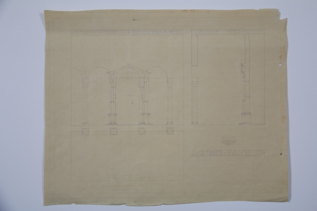 disegno architettonico, Prospetto della cappella e sezione della basilica di San Giovanni Evangelista di Ravenna di Anonimo italiano (XX)