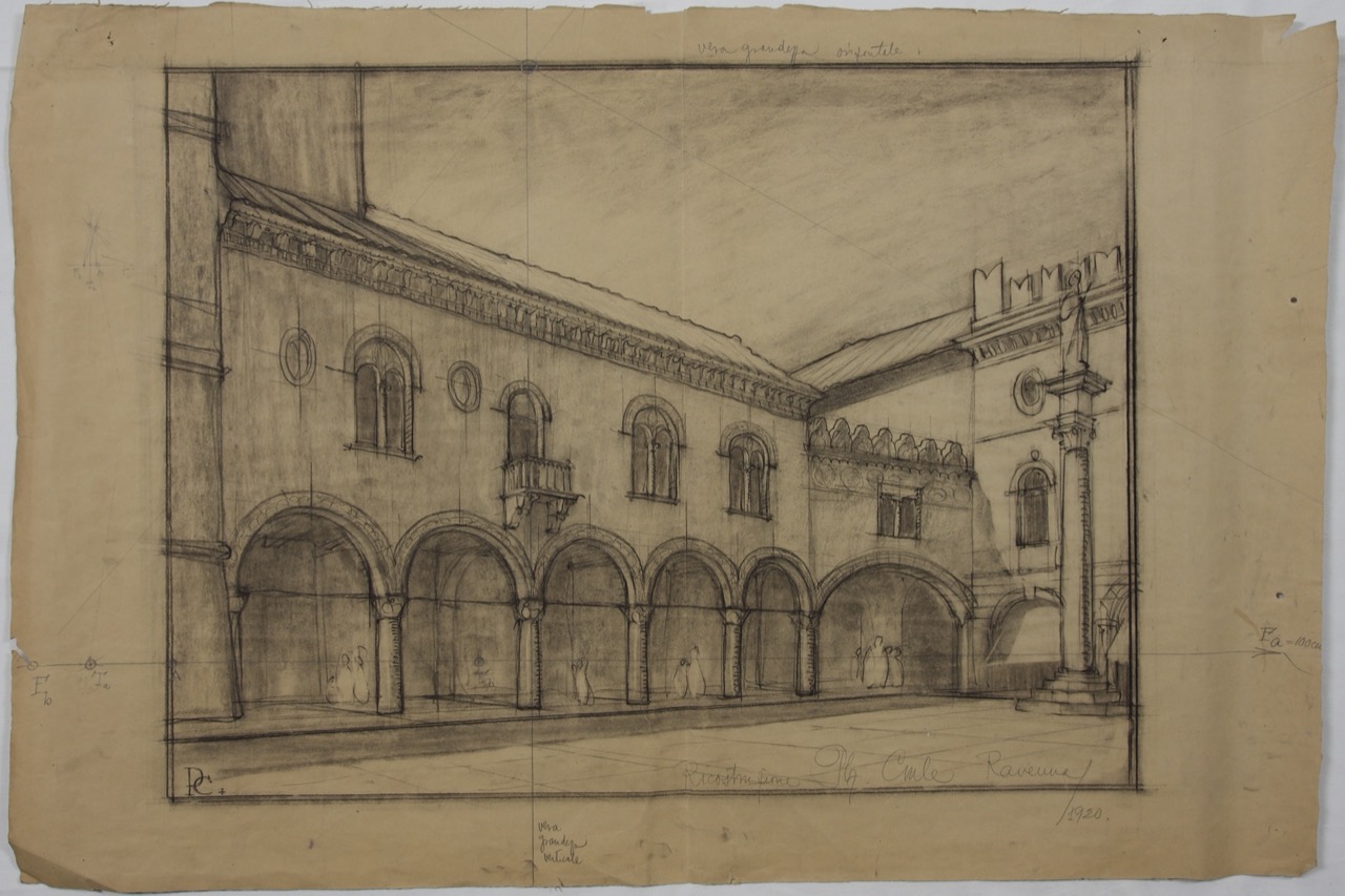 disegno architettonico, Veduta prospettica del Palazzo Comunale di Ravenna di Polli, Carlo (XX)