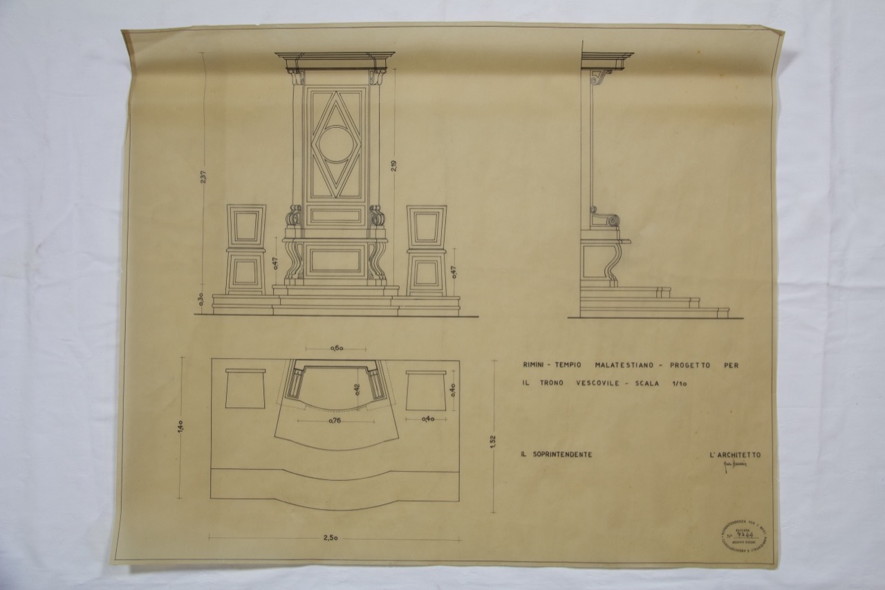 disegno architettonico, Rimini, Tempio Malatestiano, trono vescovile, fianco e pianta di Strumia, Renzo (XX)