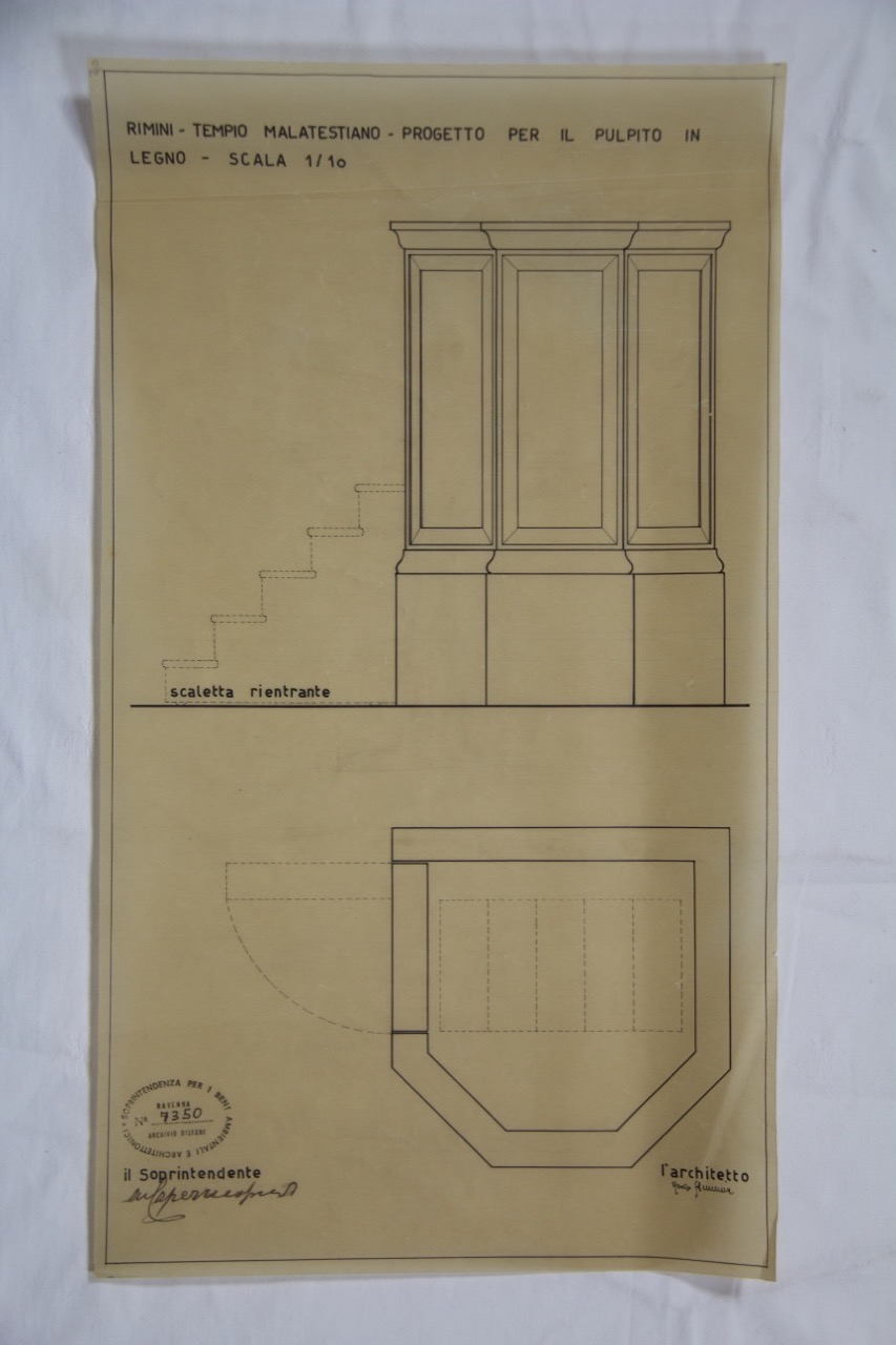 disegno architettonico, Rimini, Tempio Malatestiano, il pulpito in legno, prospetto e pianta di Strumia, Renzo (XX)