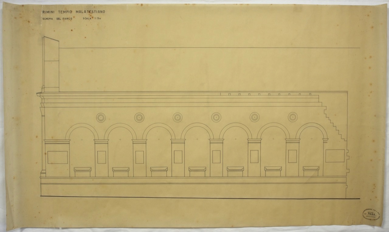 disegno architettonico, Rimini, Tempio Malatestiano, schema del fianco di Anonimo italiano (XX)