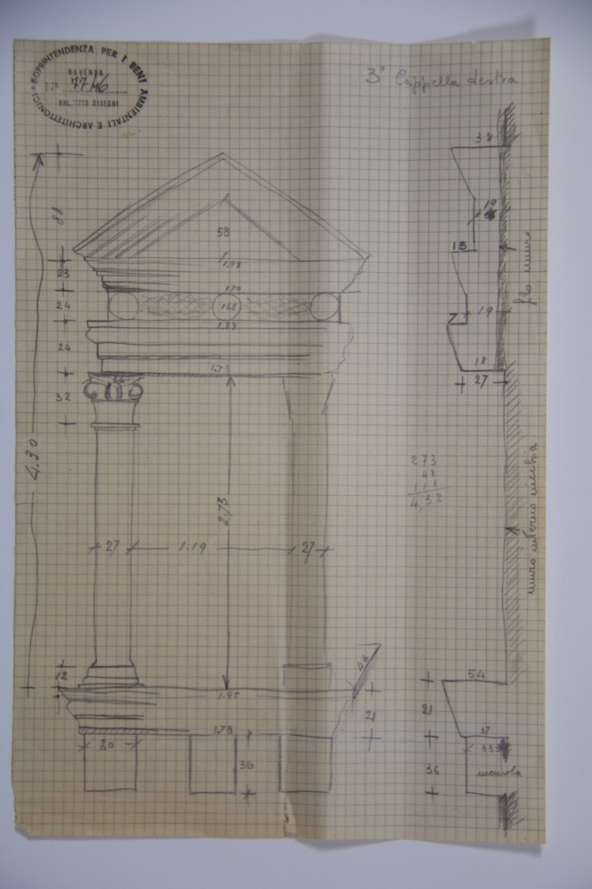 disegno architettonico, Rimini, Tempio Malatestiano, rilievo di edicola nella 3°cappella a destra di Anonimo italiano (XX)