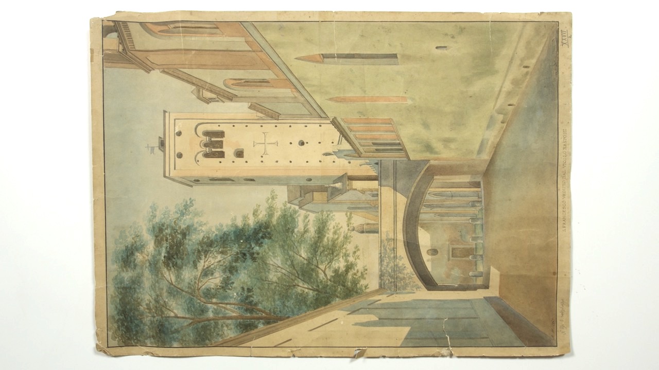 disegno architettonico, Veduta dal Vicolo Rasponi della basilica di San Francesco di Ravenna di Anonimo italiano (XIX)