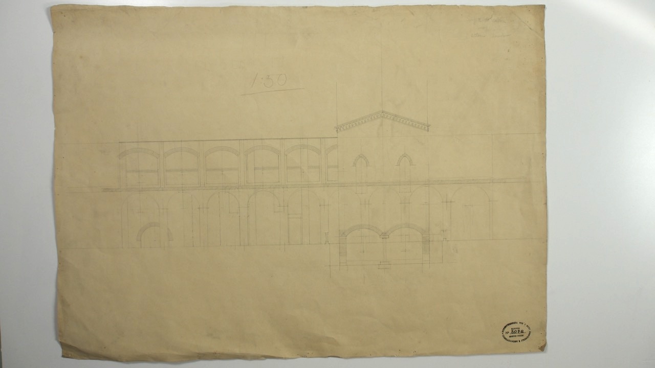 disegno architettonico, Progetto di restauro della fiancata sinistra esterna della basilica di San Francesco di Ravenna di Anonimo italiano (XX)