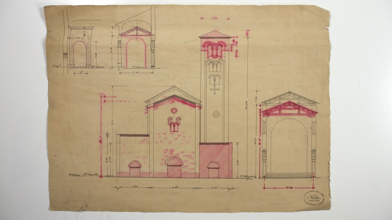 disegno architettonico, Prospetto della navata centrale e della navata laterale della basilica di San Francesco di Ravenna di Anonimo italiano (XX)