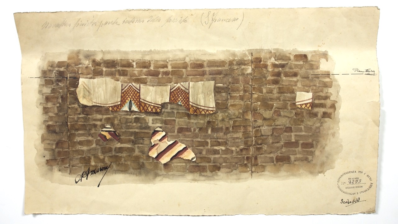 disegno architettonico, Affreschi rinvenuti nella navata sinistra parete interna della facciata della basilica di San Francesco di Ravenna di Azzaroni, Alessandro (XX)