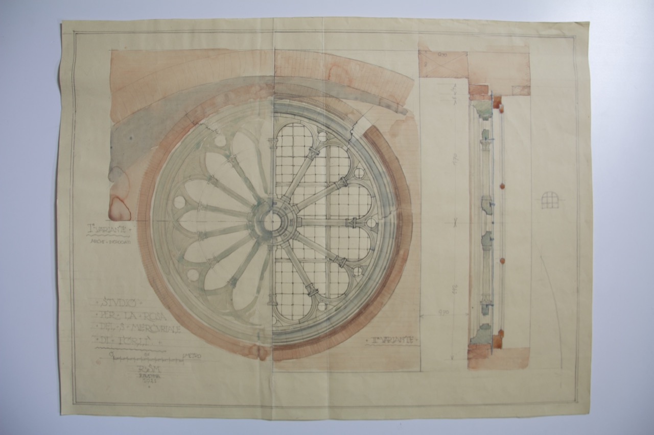 disegno architettonico, Studio di rosone della facciata della abbazia di San Mercuriale di Forlì di Anonimo italiano (XX)