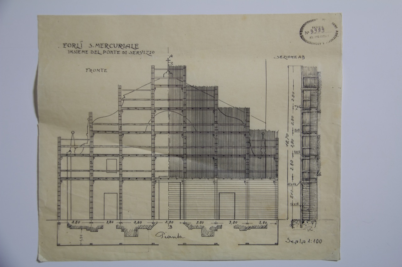 disegno architettonico, Progetto di restauro del fronte della abbazia di San Mercuriale di Forlì di Anonimo italiano (XIX-XX)