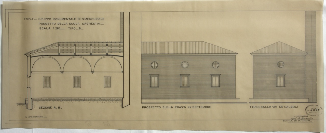 disegno architettonico, Sezione e prospetti della abbazia di San Mercuriale di Forlì di Tamburini, Aldo (XX)