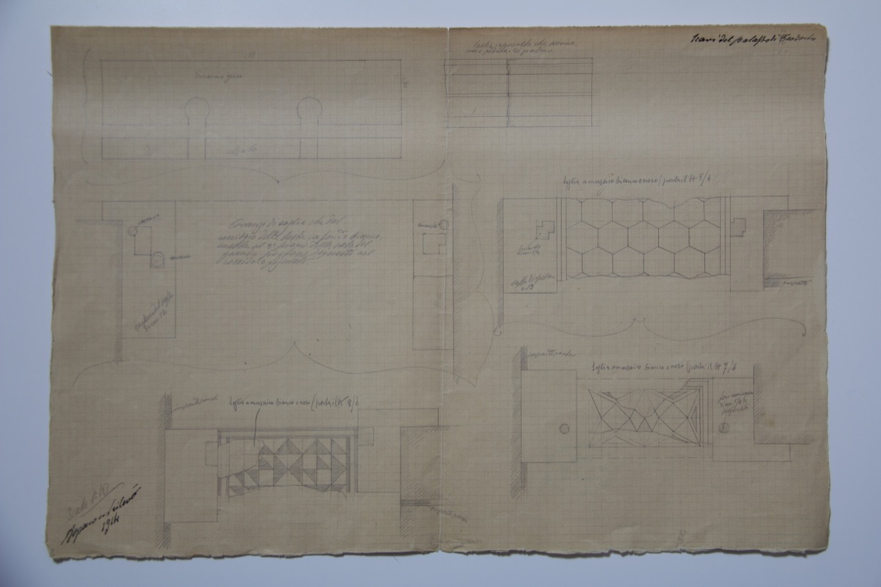 disegno architettonico, Rilievo di avanzi di soglia che dal corridoio delle teste, a fondo bianco, mette al 3° piano della sala del grande portone e questo nel corridoio figurato del palazzo di Teodorico di Ravenna di Azzaroni, Alessandro (XX)