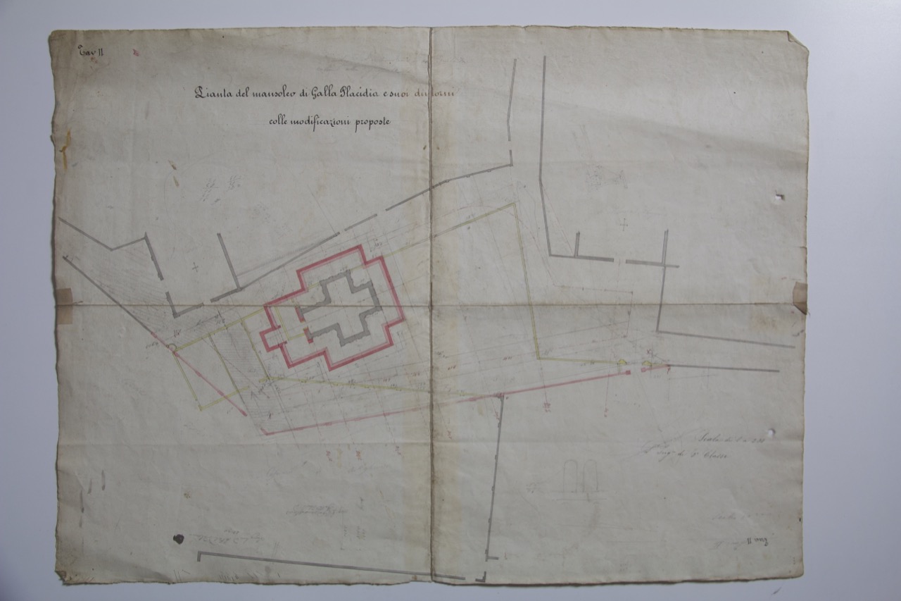 disegno architettonico, Pianta del Mausoleo di Galla Placidia di Ravenna e dintorni di Anonimo italiano (XIX-XX)