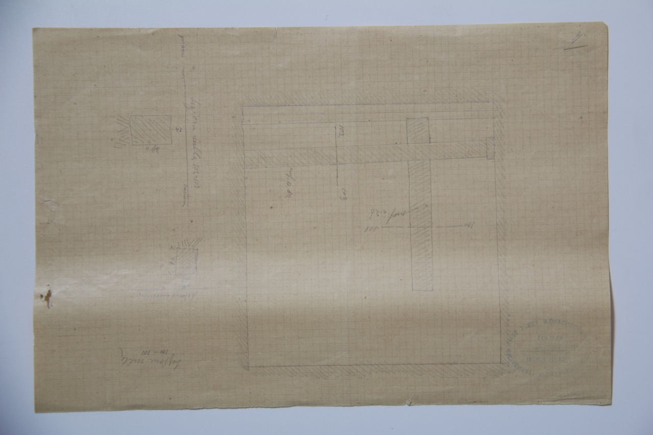 disegno architettonico, Pianta e disegno di una trama di un frammento del palazzo di Teodorico di Ravenna di Anonimo italiano (XX)