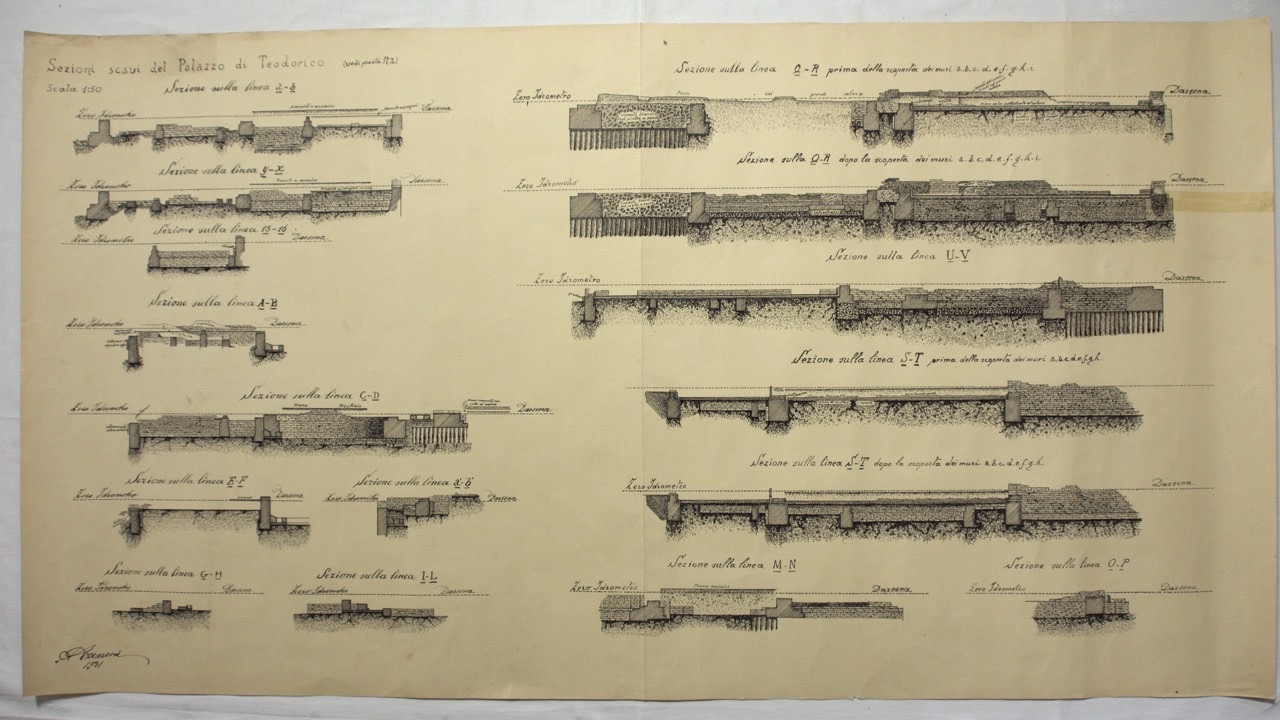 disegno architettonico, Rilievo di una pianta generale del palazzo di Teodorico di Ravenna di Azzaroni, Alessandro (XX)