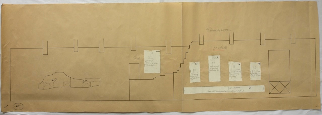 disegno architettonico, Disposizioni dei frammenti del pavimento musivo, situato nel piano superiore del palazzo di Teodorico di Ravenna di Anonimo italiano (XX)