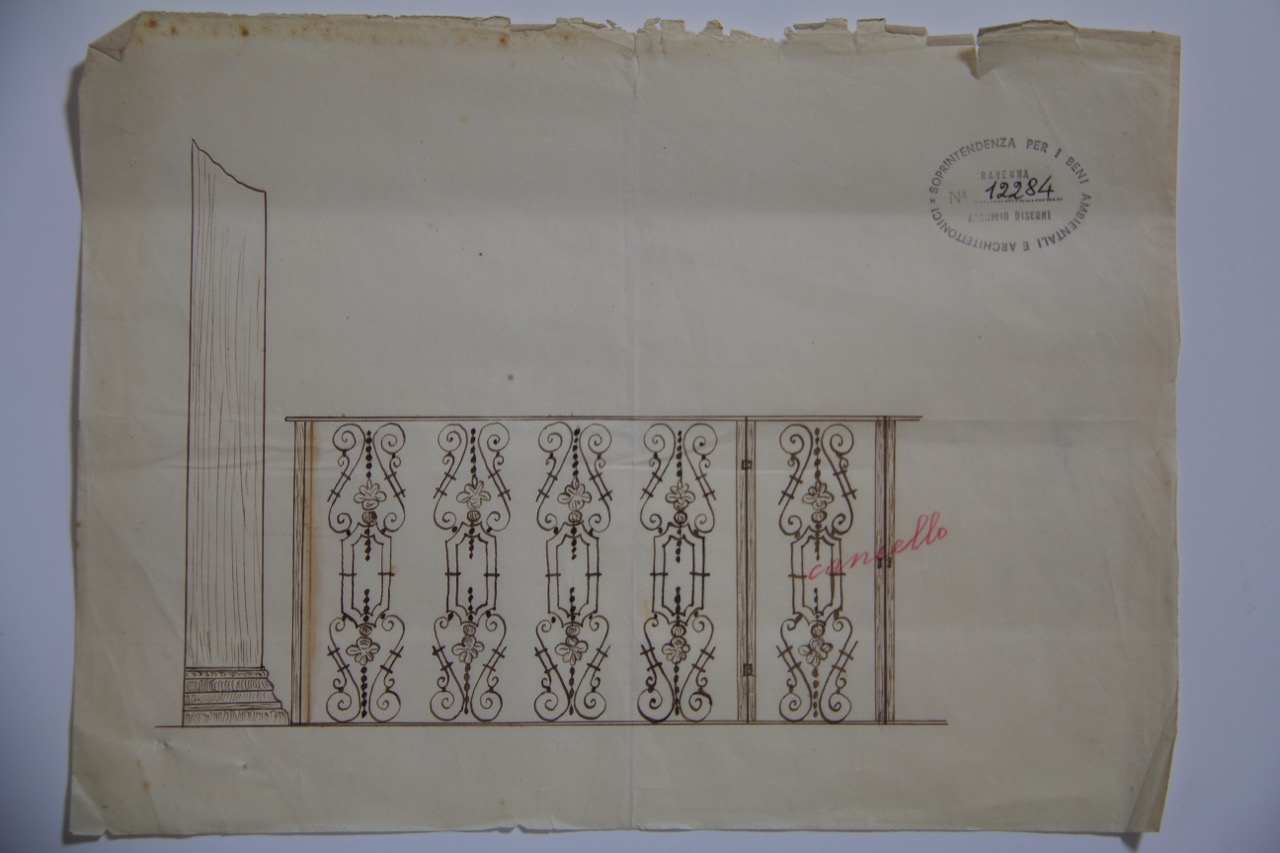 disegno architettonico, Recinzione in ferro battuto di una cappella della abbazia di San Mercuriale di Forlì di Anonimo italiano (XX)