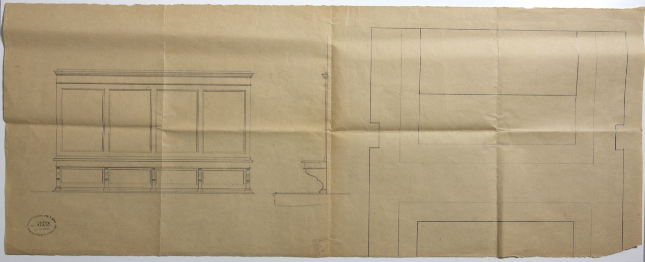 disegno architettonico, Progetto di panca per coro e di gradino per altare della abbazia di San Mercuriale di Forlì di Anonimo italiano (XX)