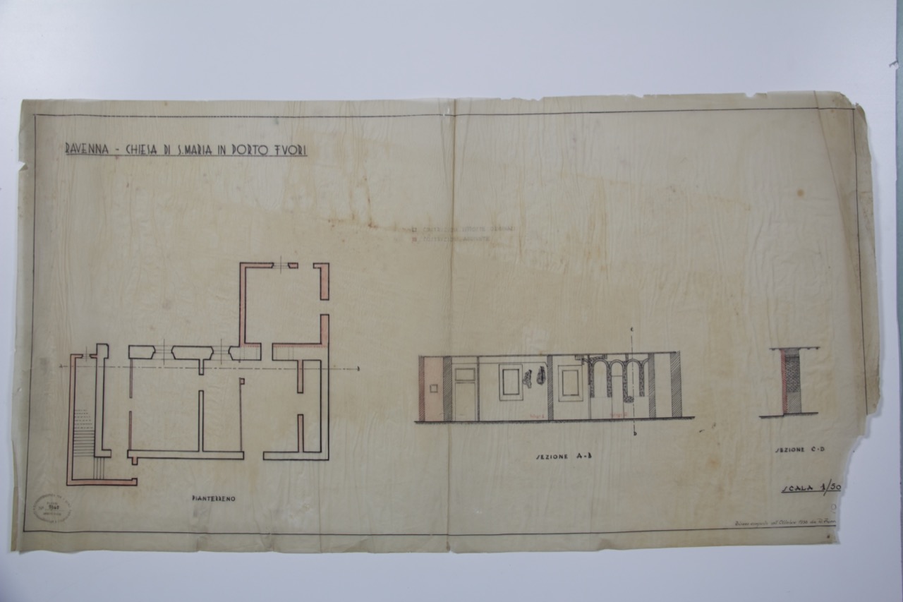 disegno architettonico, Stralcio della pianta del piano terreno di una parte del convento a sud della chiesa di Santa Maria in Porto Fuori di Ravenna di Farroni, Renato (XX)