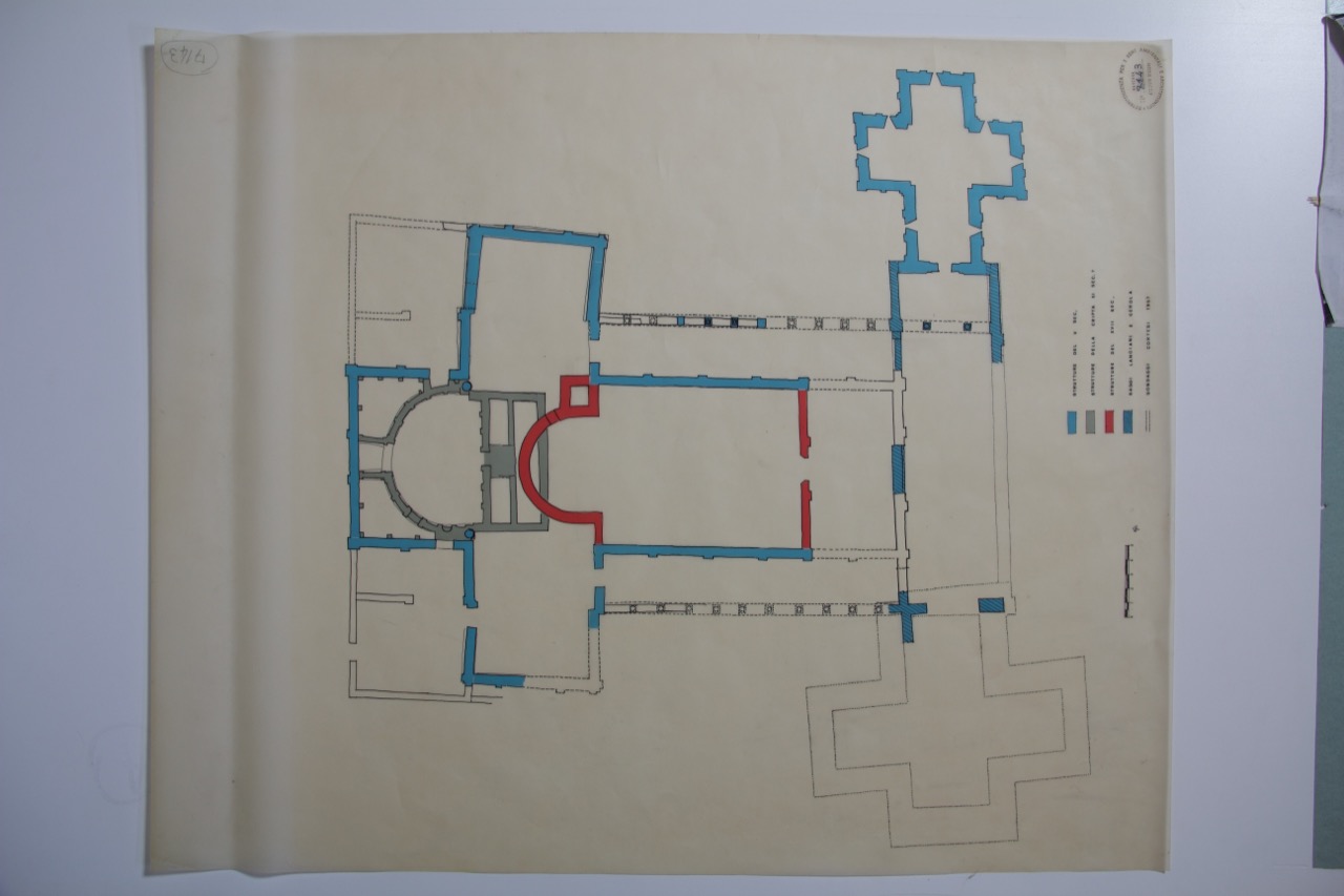 disegno architettonico, Pianta della chiesa di Santa Croce di Ravenna, con le indicazioni dei vari periodi di Ragonese, Armando (XX)