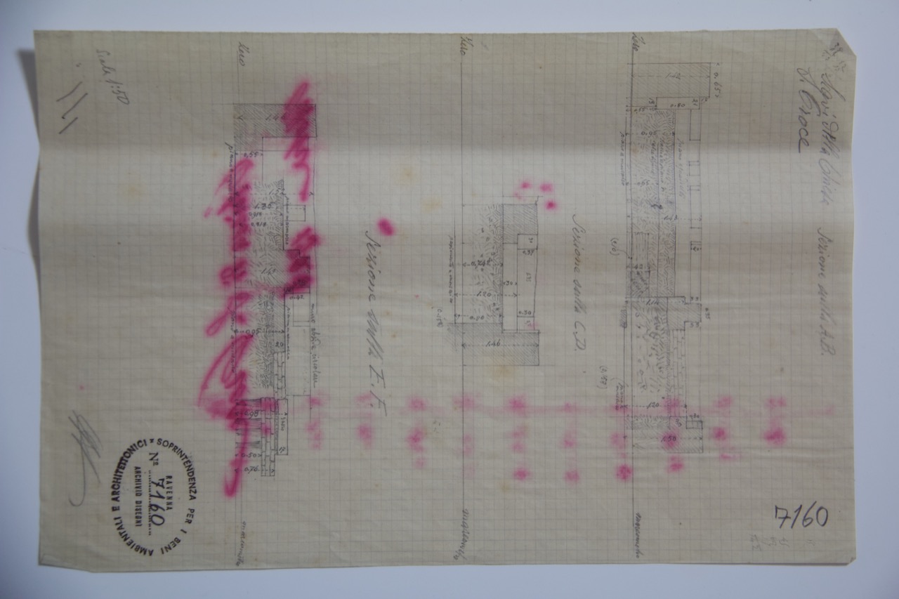 disegno architettonico, scavi della chiesa di Santa Croce di Ravenna – sezioni (A-B) – (C-D) – (E-F) di Azzaroni, Alessandro (XX)