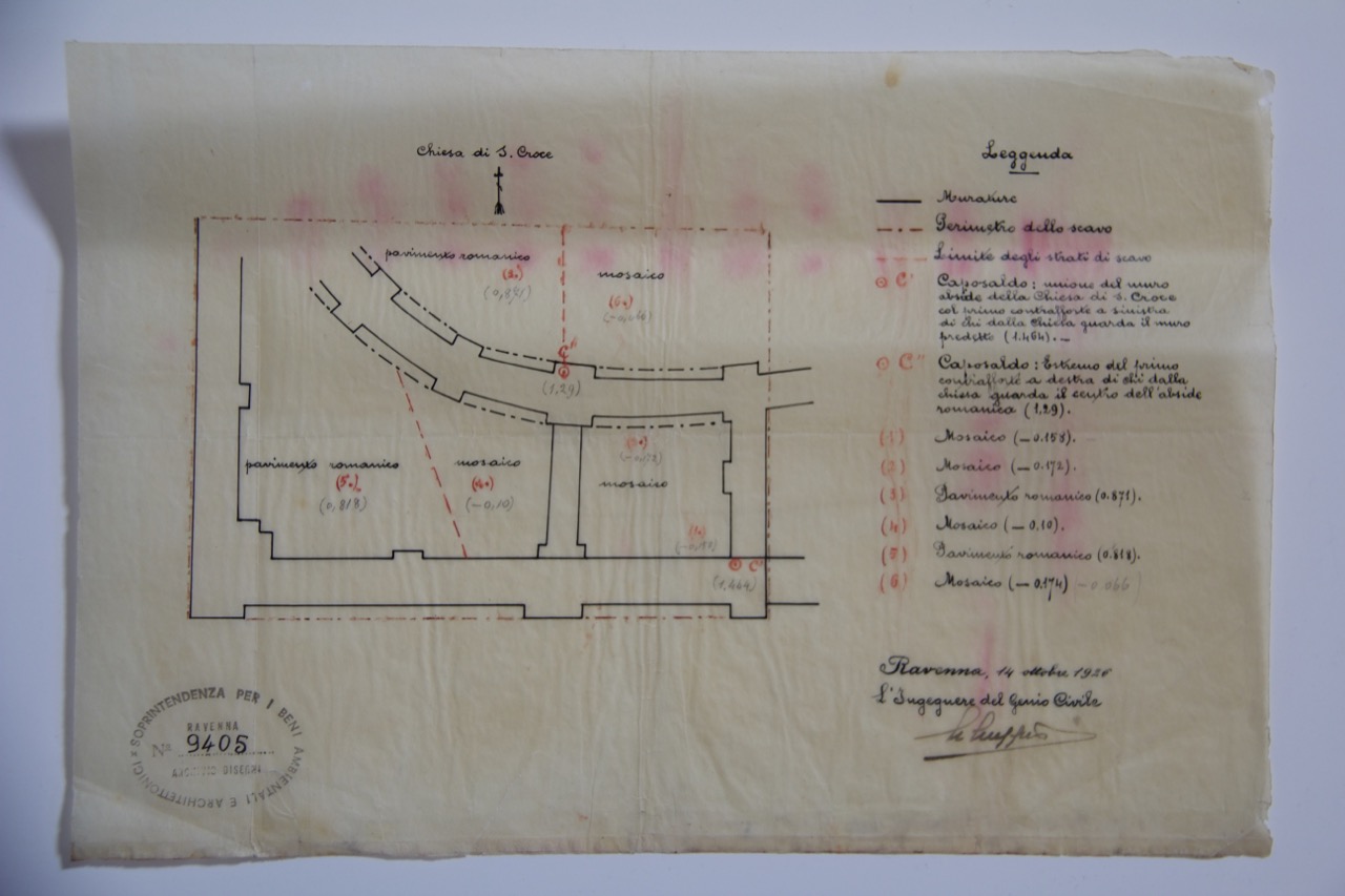 disegno architettonico, Pianta dello scavo nell’abside originale della chiesa di Santa Croce di Ravenna di Anonimo italiano (XX)