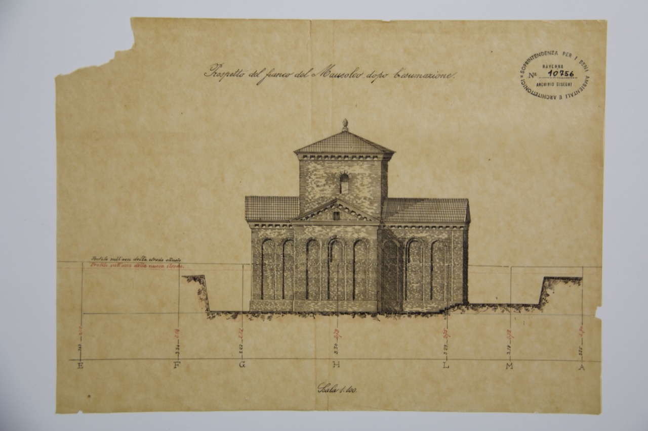 disegno architettonico, Prospetto del fianco del Mausoleo di Galla Placidia di Ravenna dopo l'esumazione di Anonimo italiano (XIX-XX)