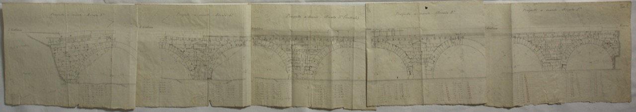 disegno architettonico, Prospetto a monte delle arcate del Ponte di Tiberio di Rimini di Anonimo italiano (XIX-XX)