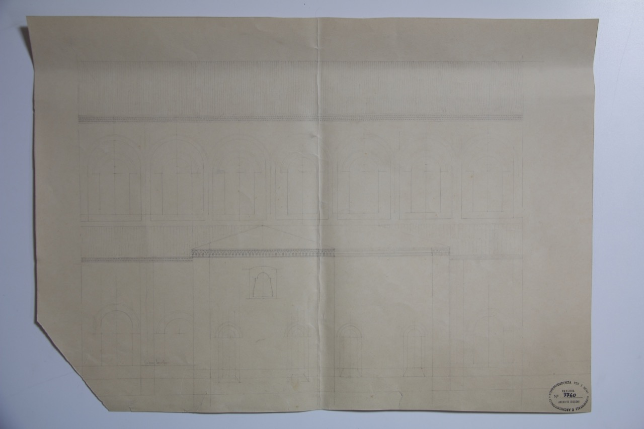 disegno architettonico, Prospetto del fianco sinistro con le cappelle addossate della basilica di San Giovanni Evangelista di Ravenna di Anonimo italiano (XX)