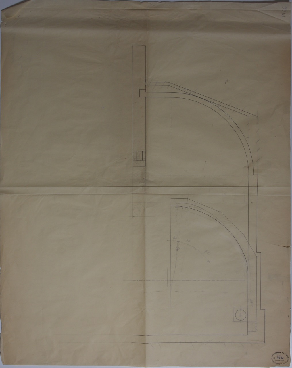 disegno architettonico, Sezione e pianta della parte absidale incompleta della basilica di San Giovanni Evangelista di Ravenna di Anonimo italiano (XX)