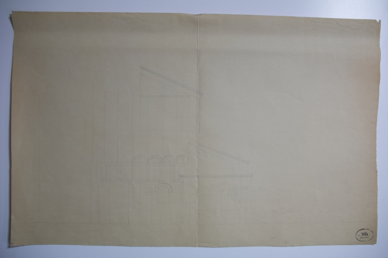 disegno architettonico, Prospetto absidale esterno, disegno incompleto della basilica di San Giovanni Evangelista di Ravenna di Anonimo italiano (XX)
