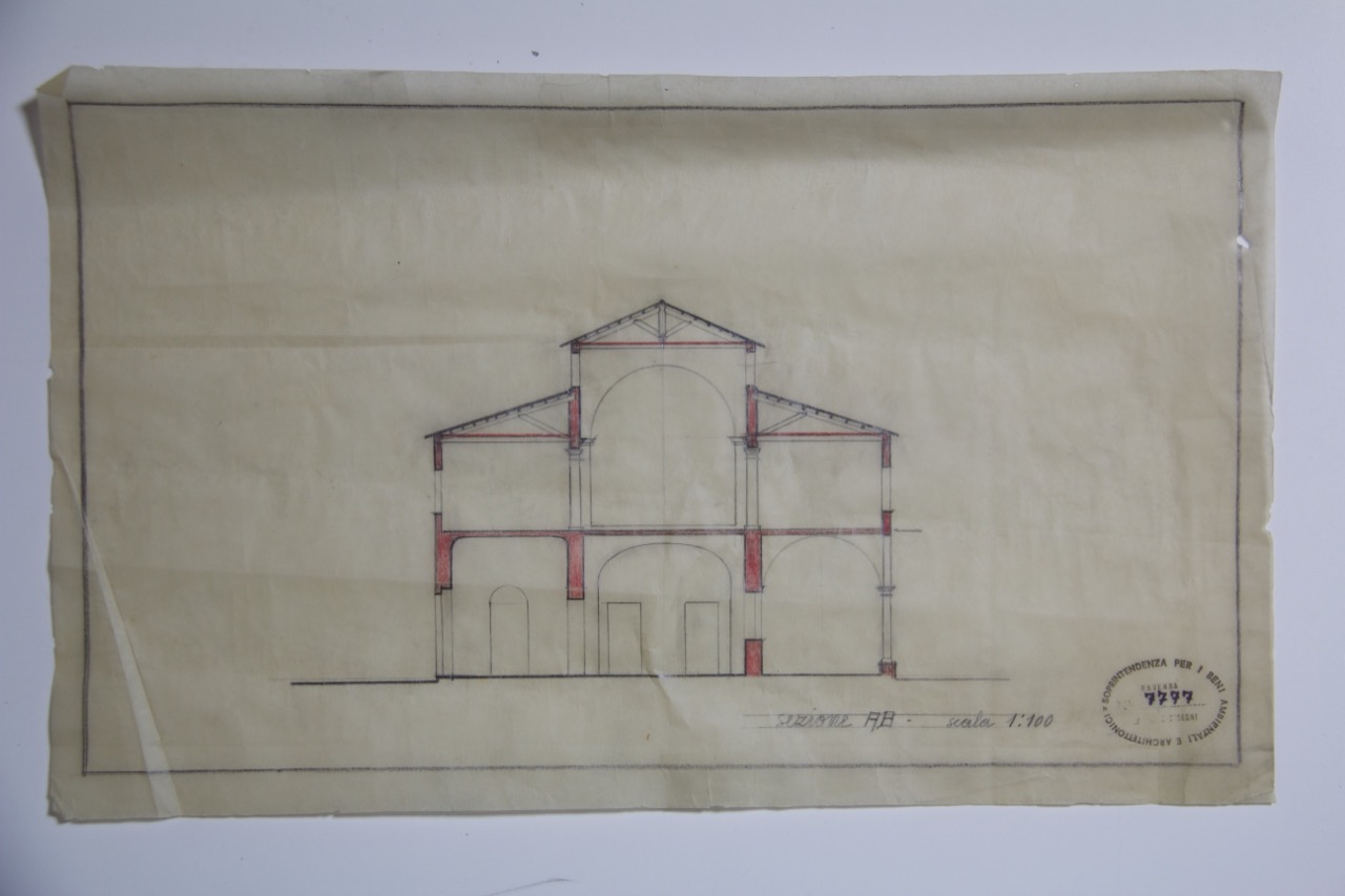 disegno architettonico, Sezione trasversale A-B, proposta di sistemazione della basilica di San Giovanni Evangelista di Ravenna di Anonimo italiano (XX)