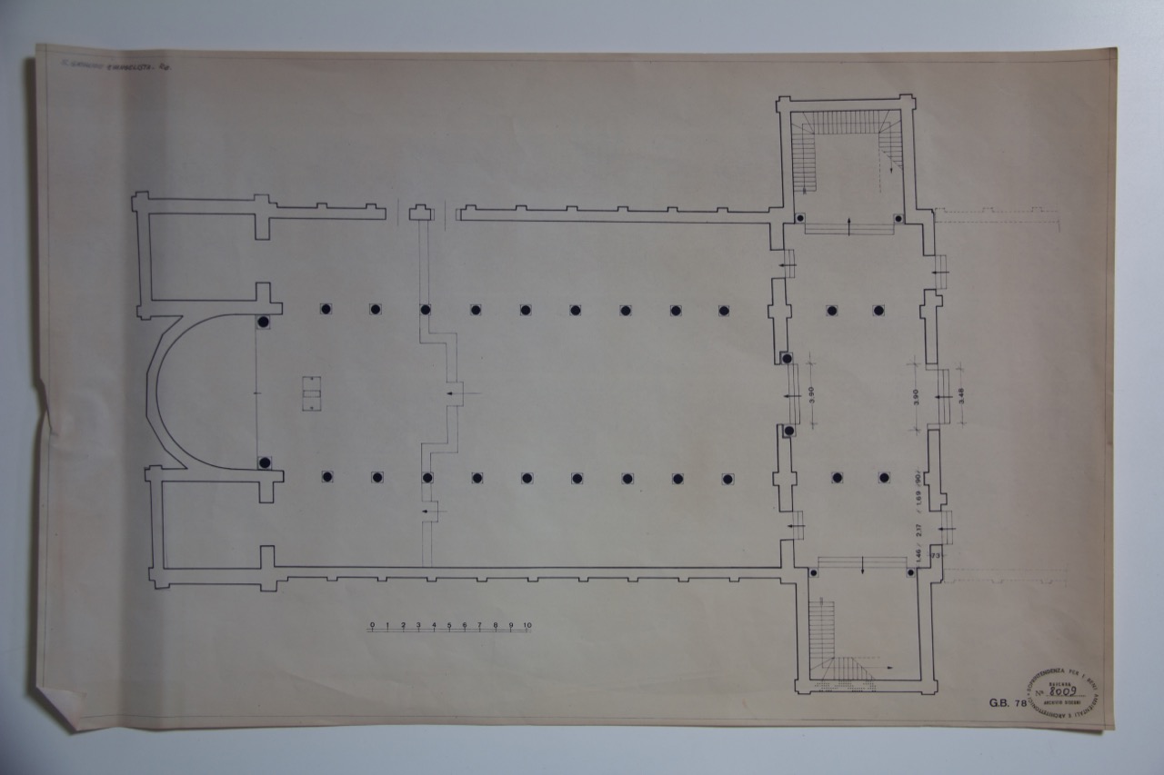 stampa fotomeccanica, Pianta con la ricostruzione ideale degli ingressi nella navata destra e del nartece con le due torri laterali della basilica di San Giovanni Evangelista di Ravenna di Anonimo italiano (XX)