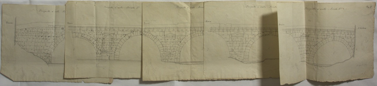 disegno architettonico, Prospetto a valle delle arcate del Ponte di Tiberio di Rimini di Anonimo italiano (XIX-XX)