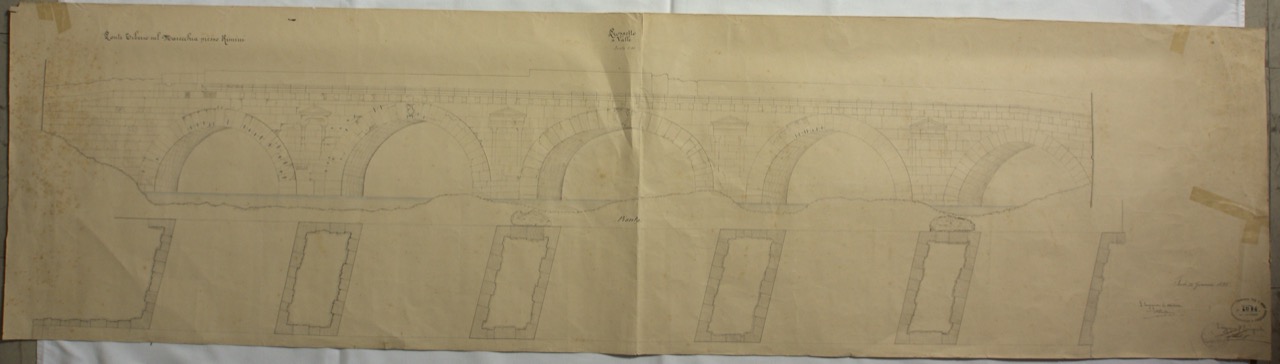 disegno architettonico, Prospetti sul Marecchia a valle del Ponte di Tiberio di Rimini di Anonimo italiano (XIX)