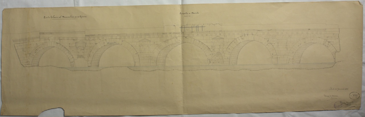 disegno architettonico, Prospetto a monte del Ponte di Tiberio di Rimini di Anonimo italiano (XIX)