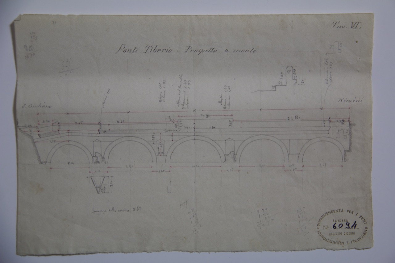 disegno architettonico, Prospetto a monte delle arcate del Ponte di Tiberio di Rimini di Anonimo italiano (XIX-XX)