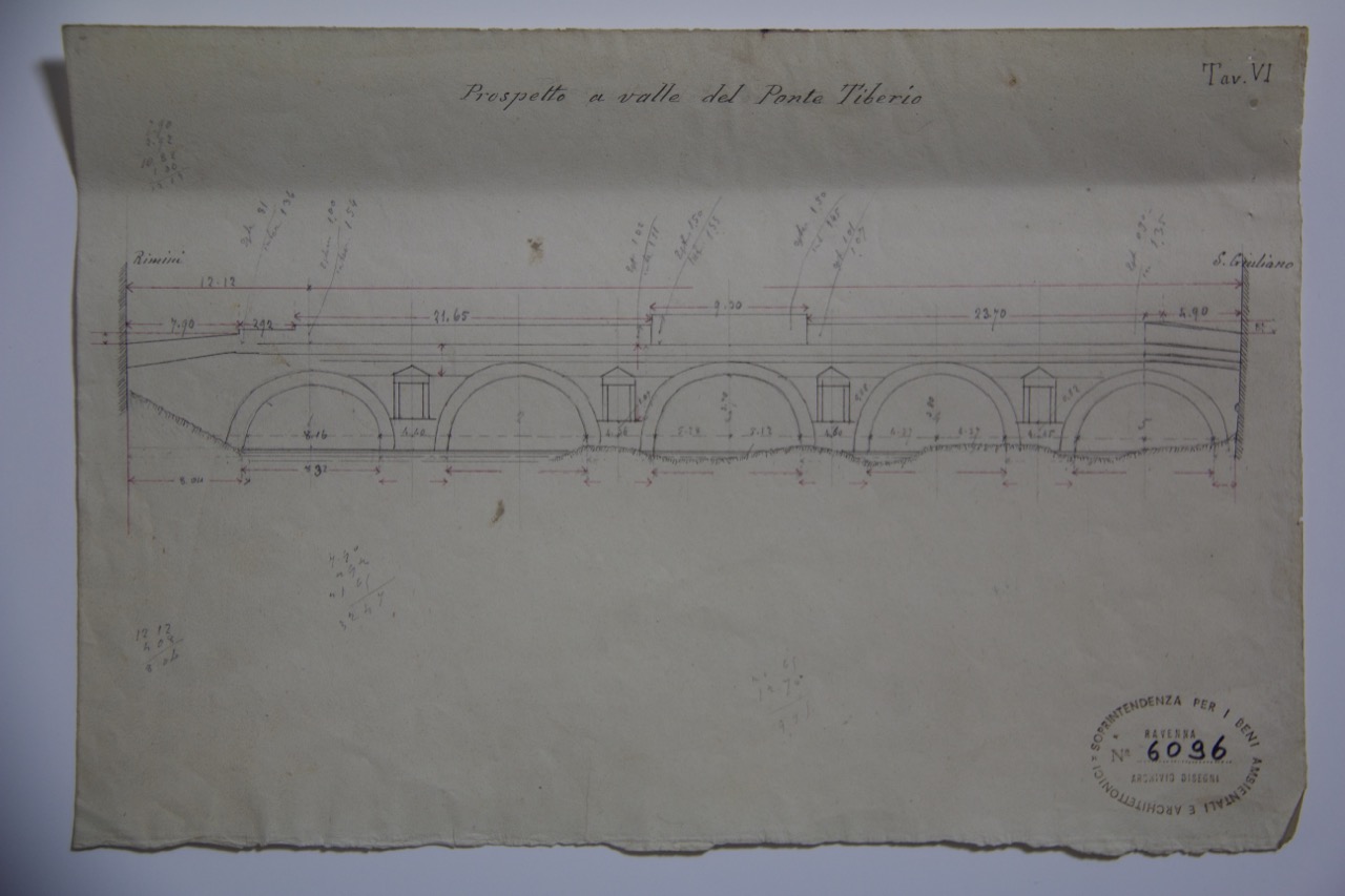 disegno architettonico, Prospetto a valle del Ponte di Tiberio di Rimini di Anonimo italiano (XIX-XX)