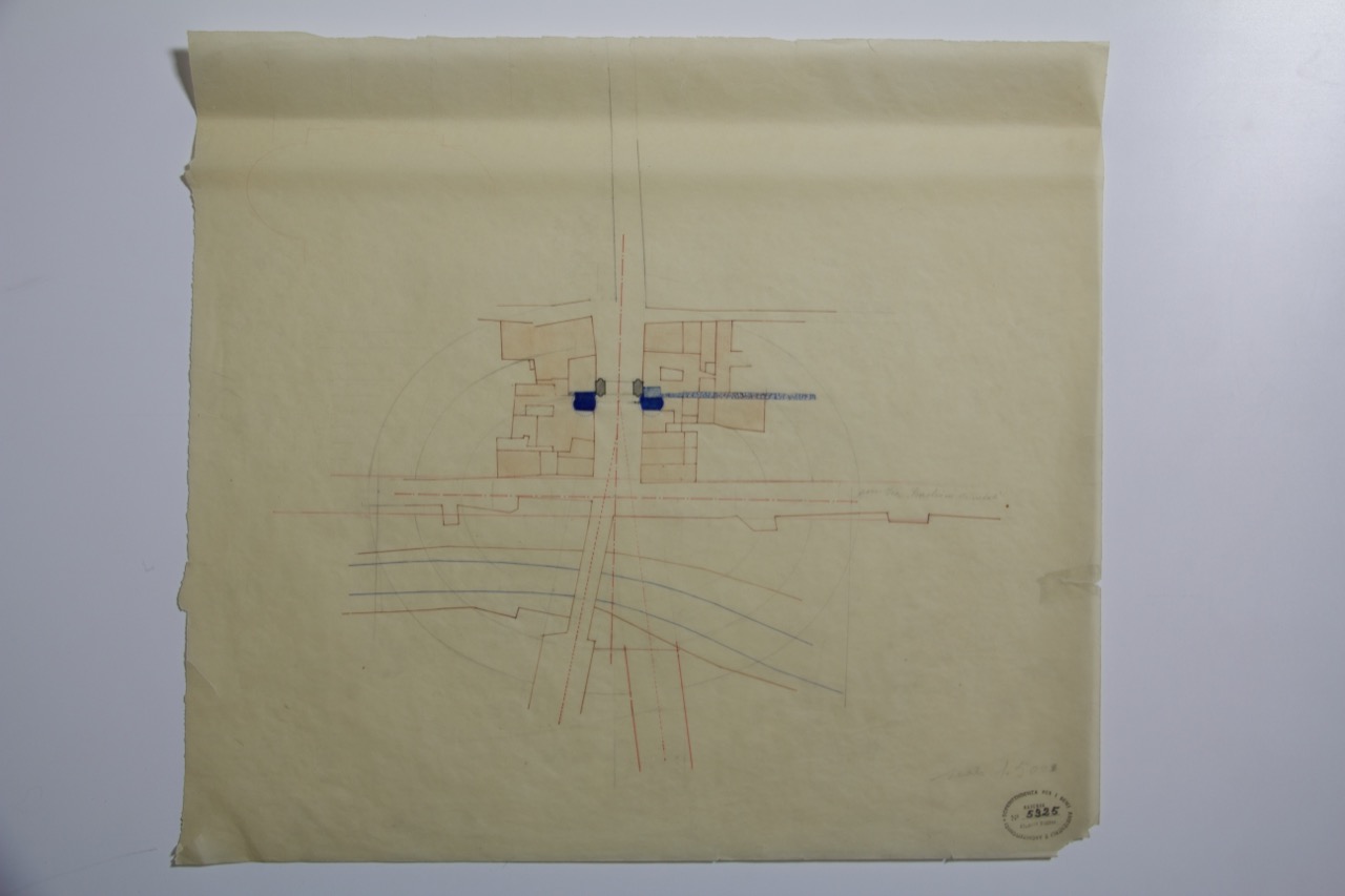 disegno architettonico, Planimetria con il progetto di isolamento dell'Arco di Augusto di Rimini di Anonimo italiano (XIX-XX)