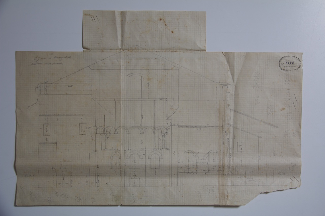 disegno architettonico, Rilievo in alzato della parte absidale esterna prima della demolizione delle superfetazioni della basilica di San Giovanni Evangelista di Ravenna di Azzaroni, Alessandro (XX)