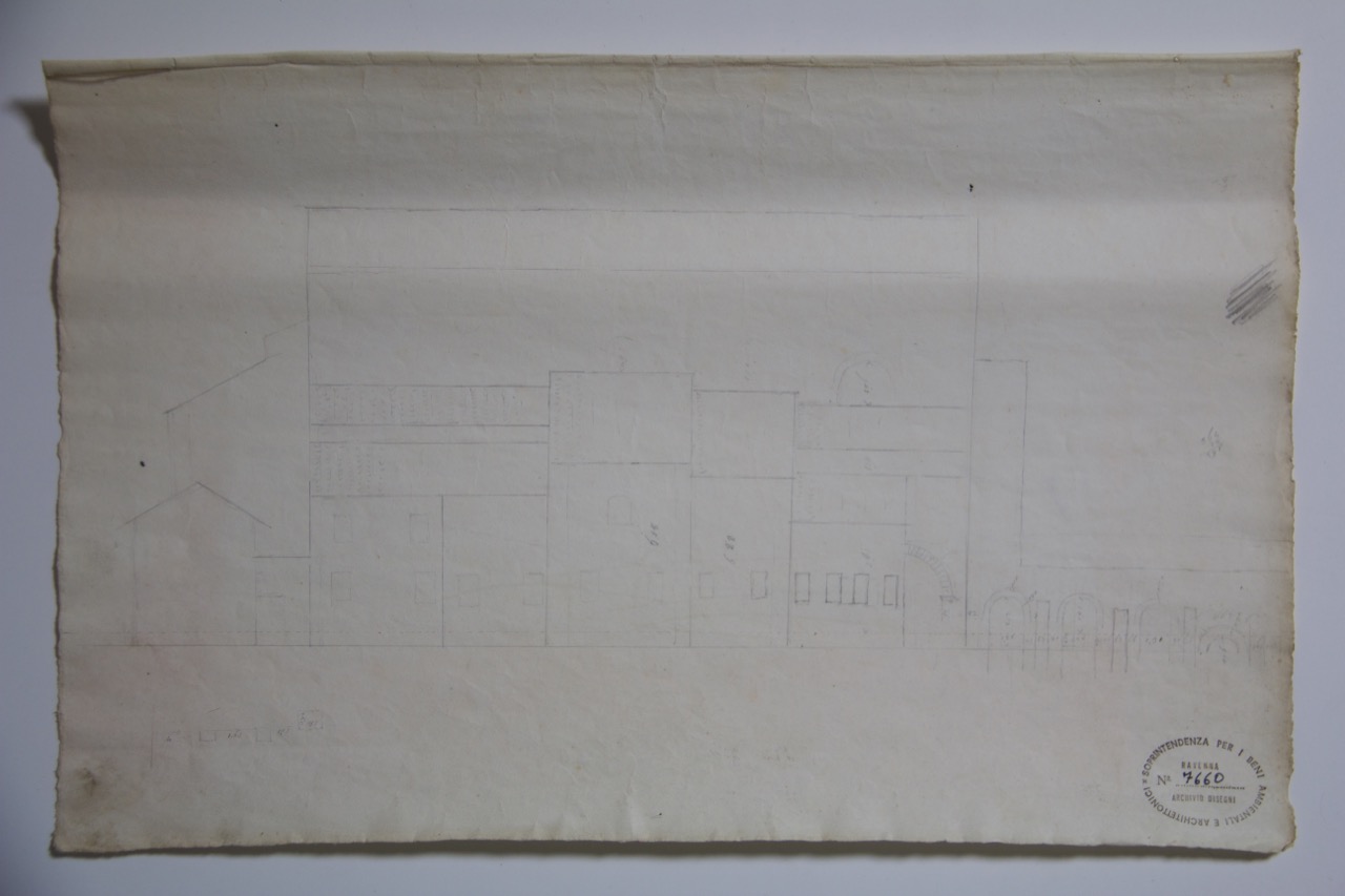 disegno architettonico, Rilievo in alzato del fianco sinistro, con le cappelle addossate alla basilica di San Giovanni Evangelista di Ravenna di Anonimo italiano (XIX)