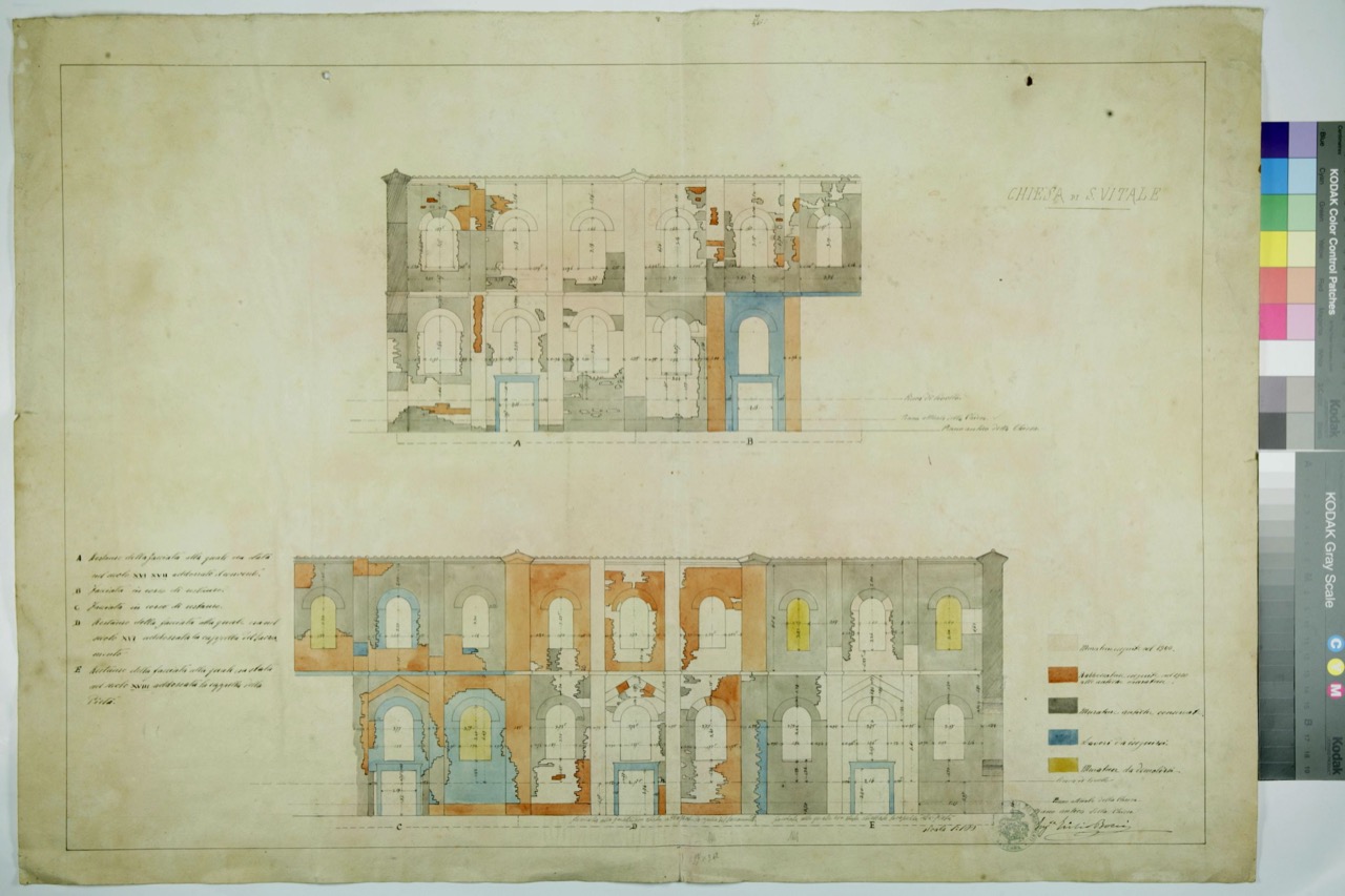 disegno architettonico, Prospetti della facciata della basilica di San Vitale di Ravenna, alla quale era stato addossato il convento di Anonimo italiano (XIX-XX)