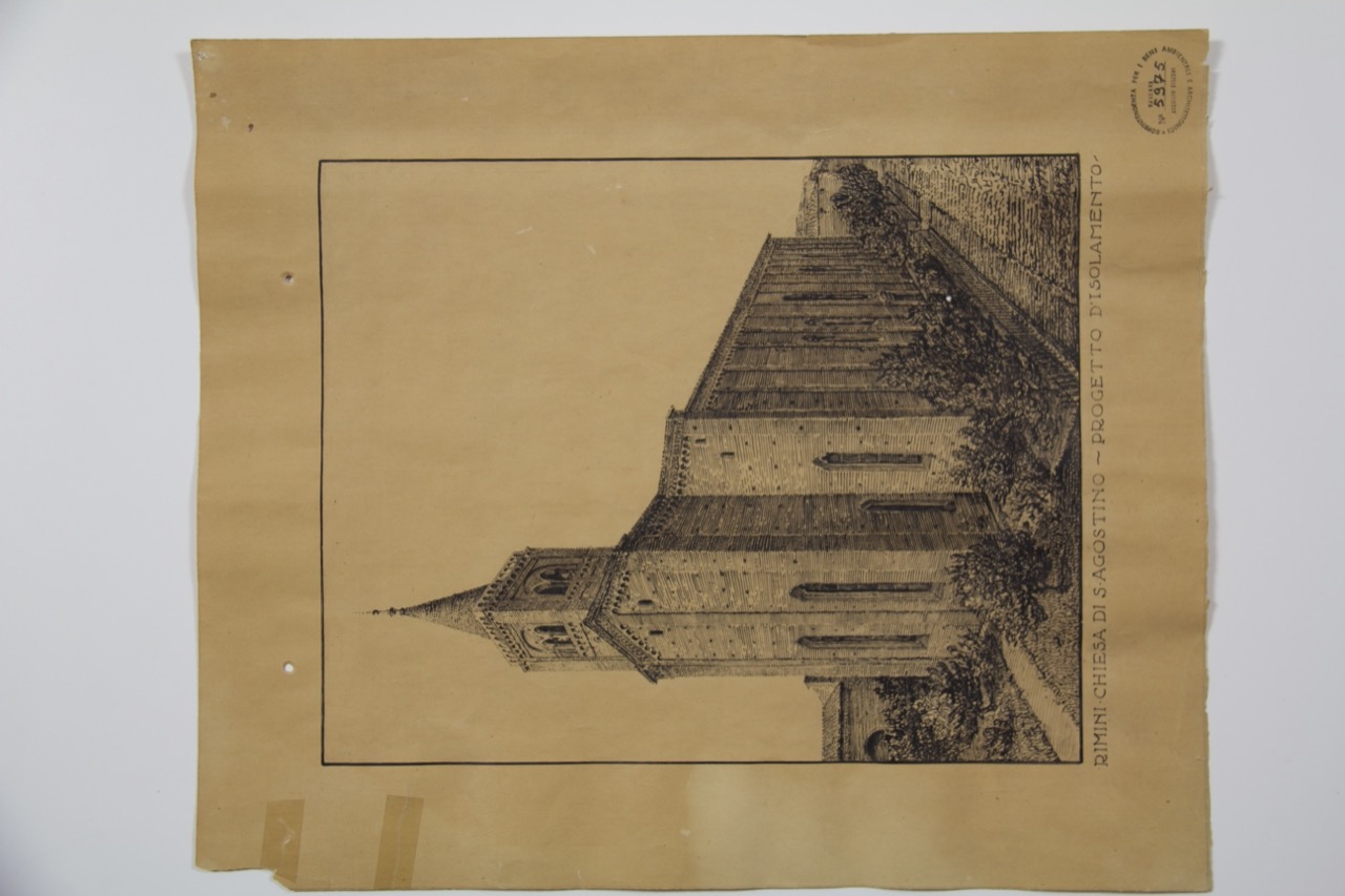 disegno architettonico, Progetto di isolamento con veduta prospettica della chiesa di Sant'Agostino di Rimini di Anonimo italiano (XIX-XX)