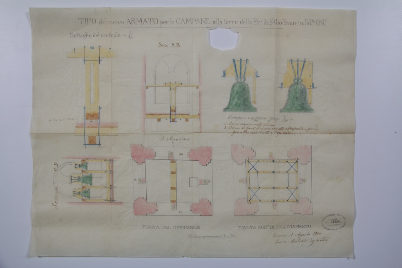 disegno architettonico, Pianta del campanile della chiesa di Sant'Agostino di Rimini di Meluzzi, Enrico (XIX)